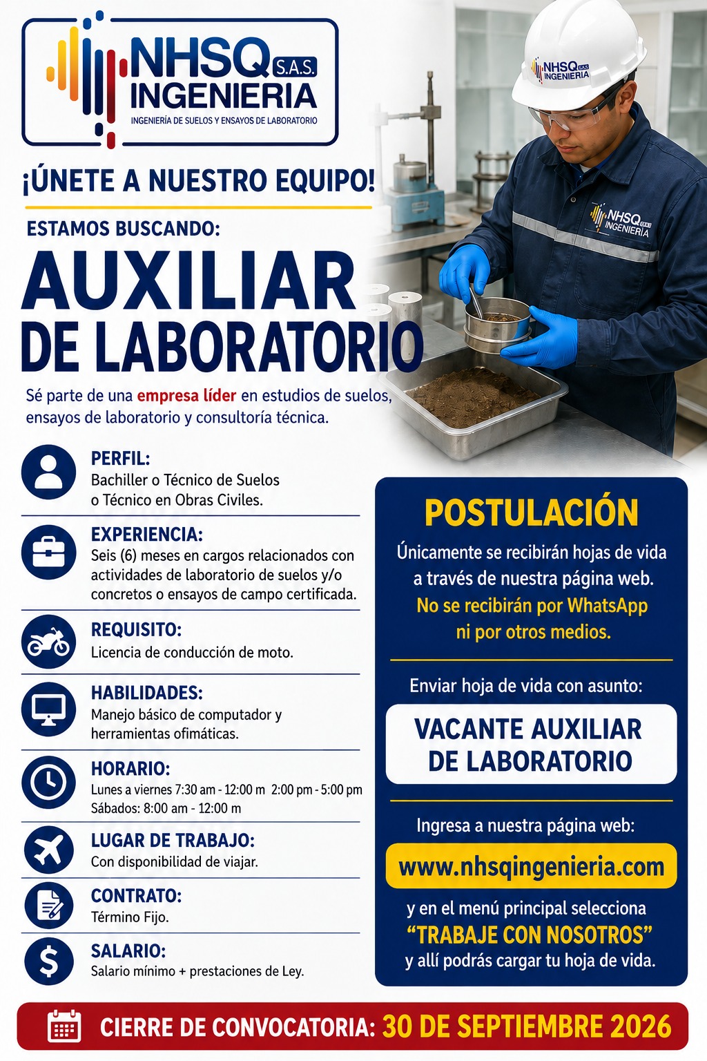 Vacante de Axiliar de Laboratorio en NHSQ Ingeniería