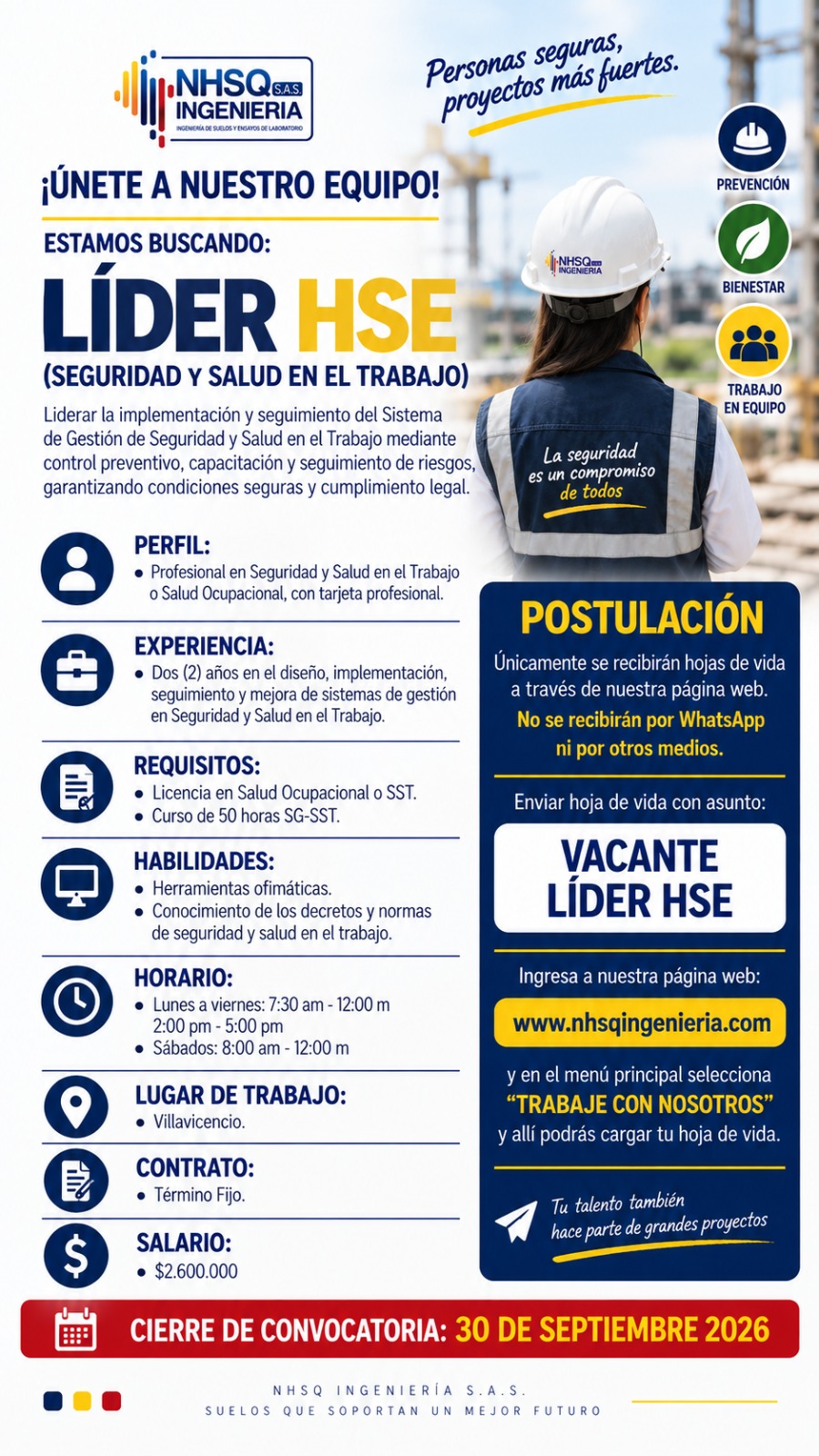 Vacante de Lider HSE en NHSQ Ingeniería