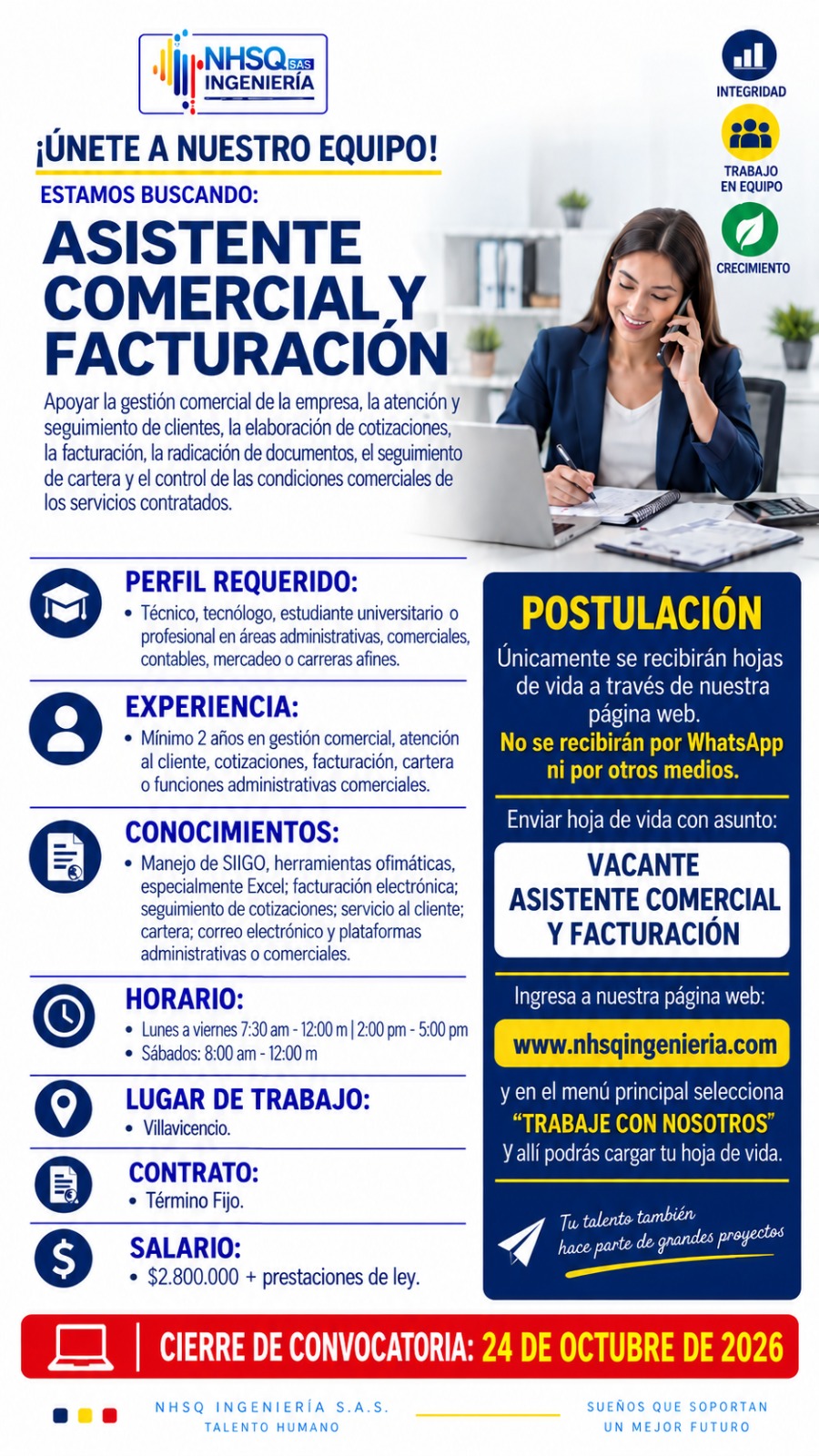 Vacante de Asistente Comercial y Facturación en NHSQ Ingenieria